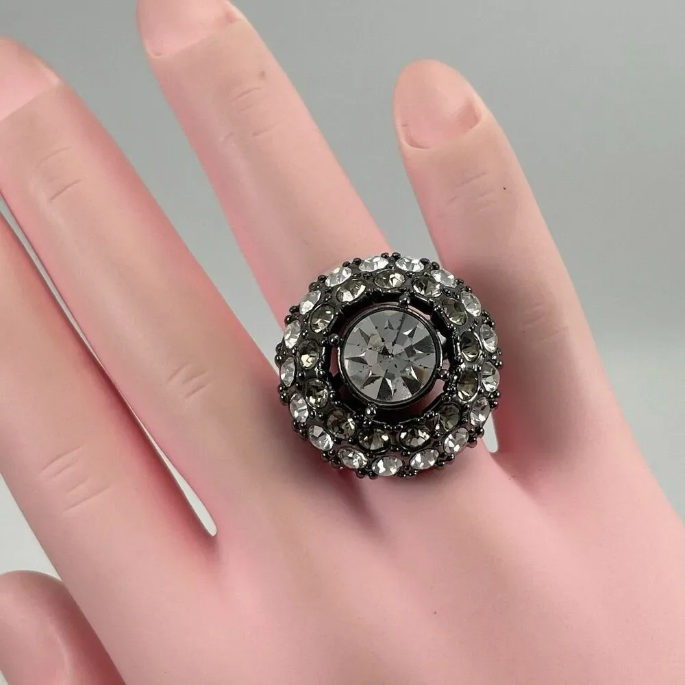 Premier Designs Ring Gunmetal White Gray Rhinestone Statement Boho Cocktail Ring